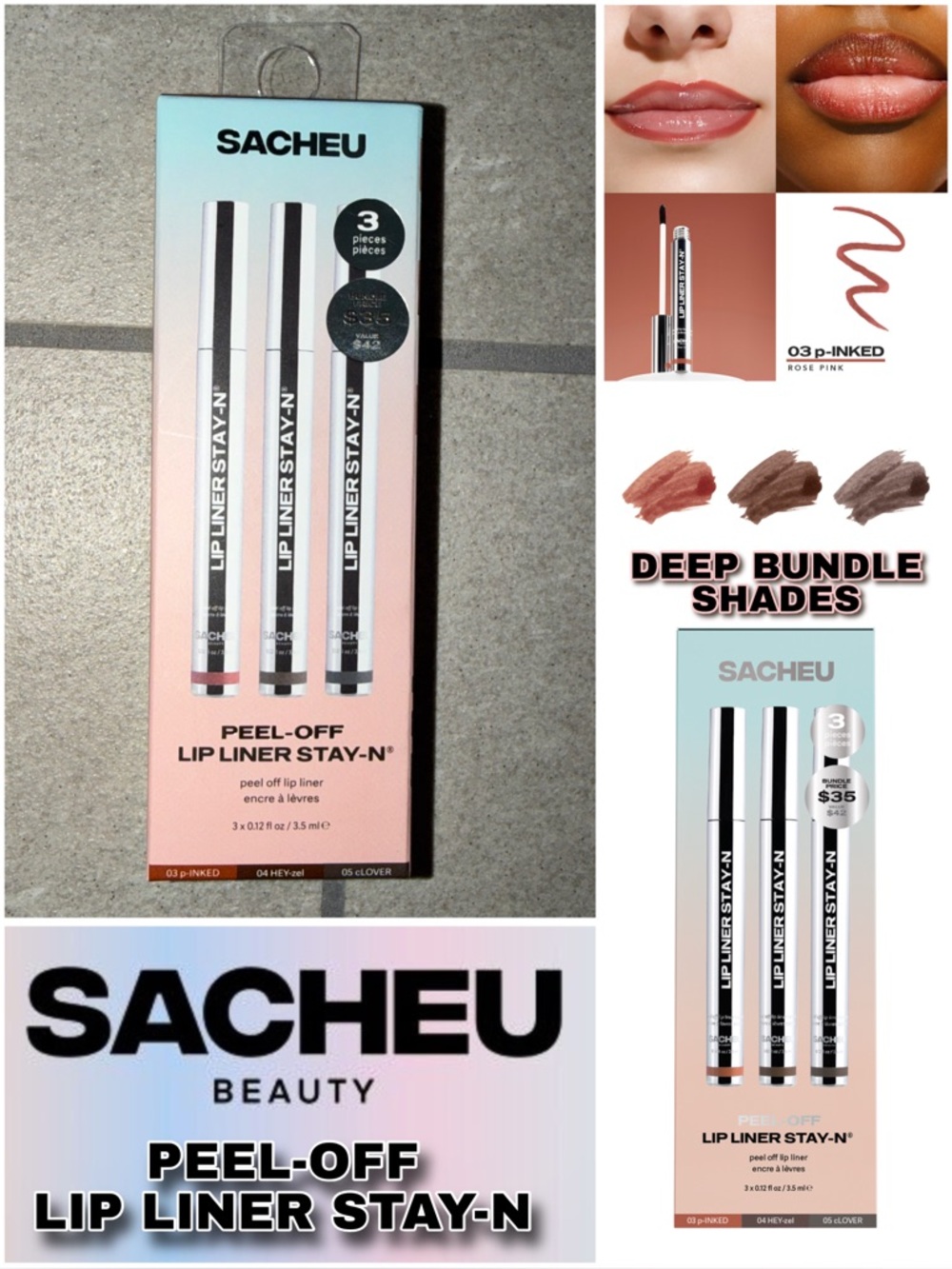 NIB - Sacheu - Peel-Off Lip Liner Stay-N 3-Piece Set - DEEP bundle shades